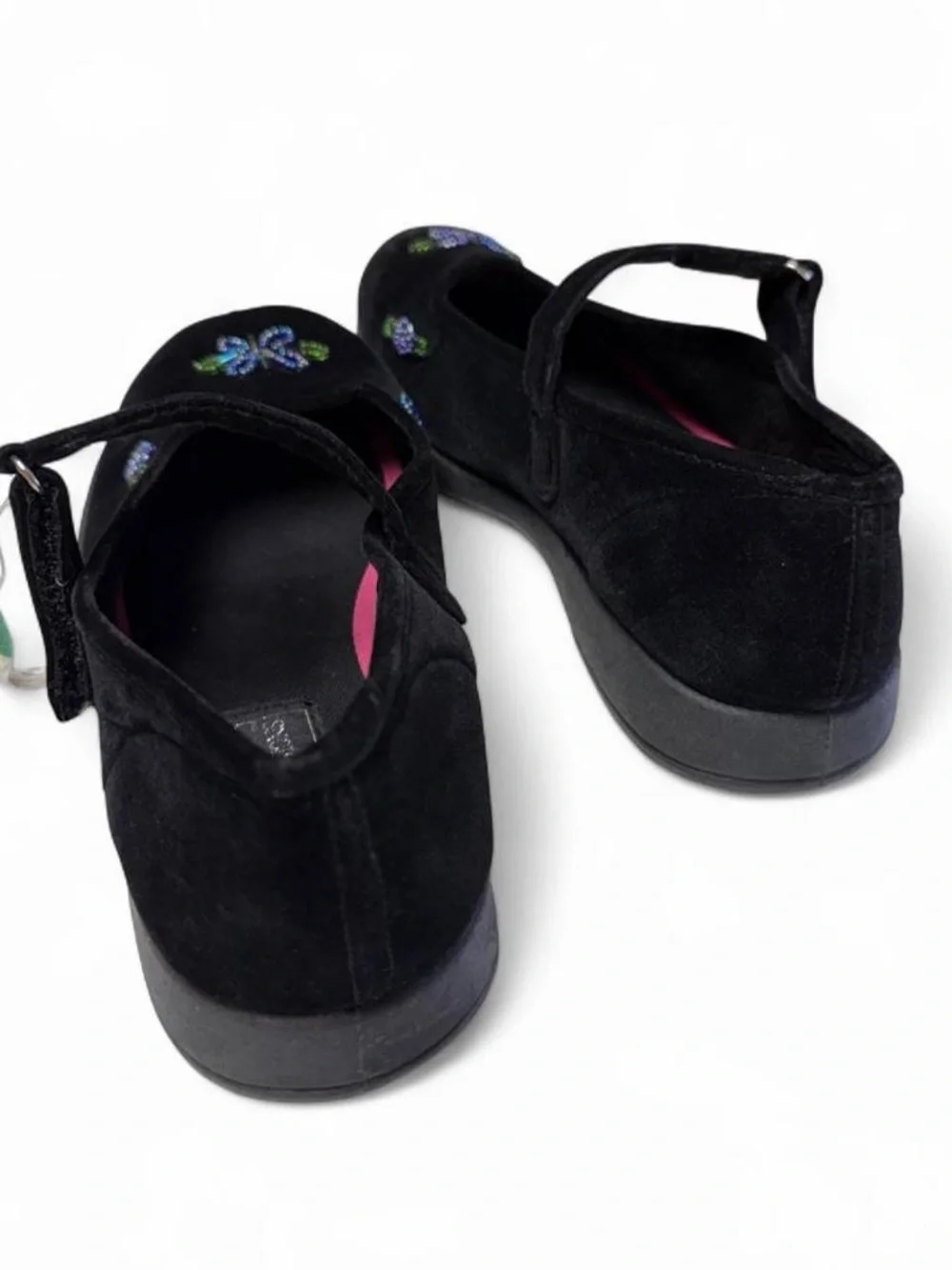 Expressions Vintage Y2K Black Suede Beaded Floral Mary Jane Shoes Girls 4 NWT